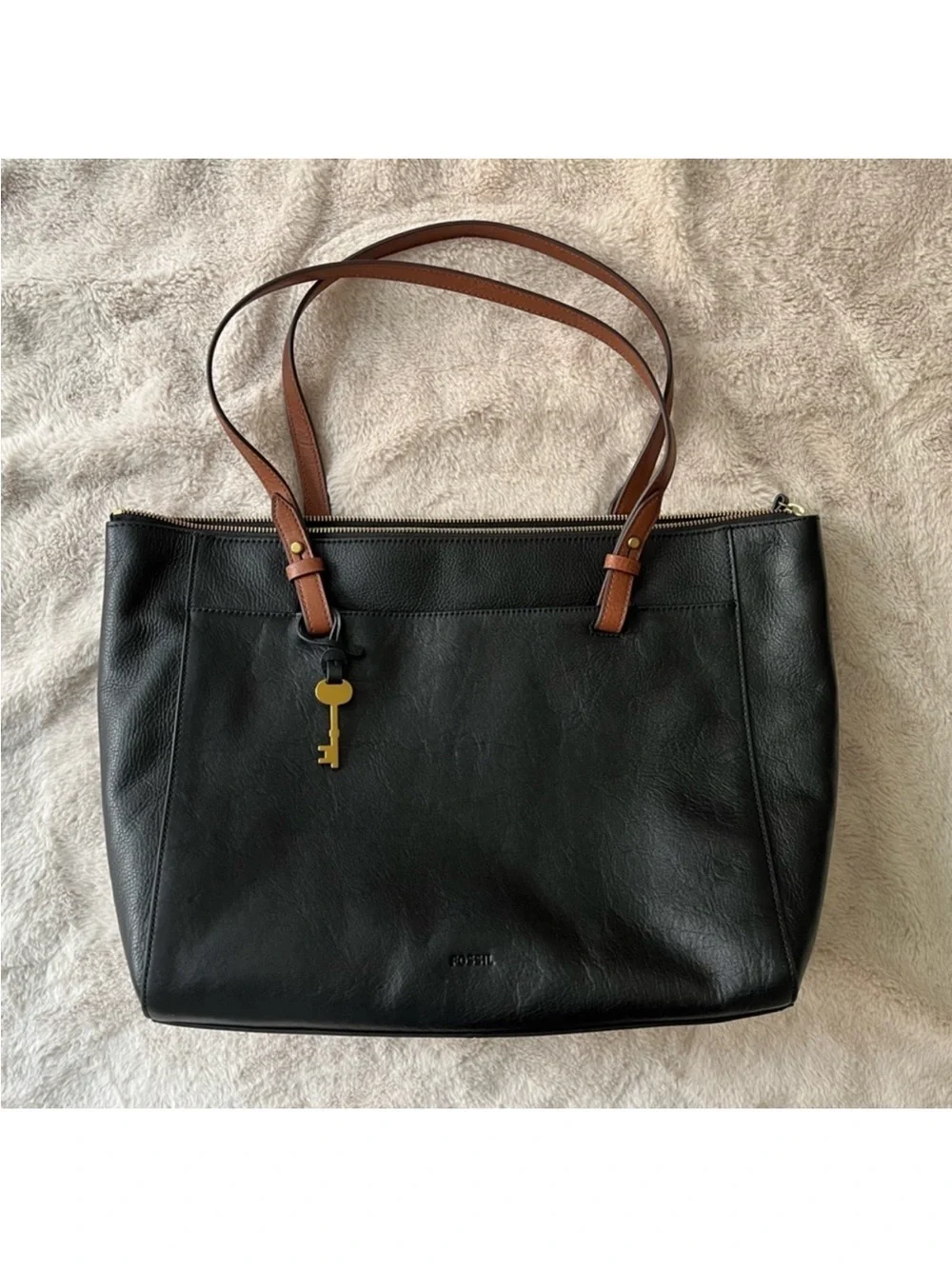 Fossil Black Leather Rachel Work Tote w/ Brown Straps